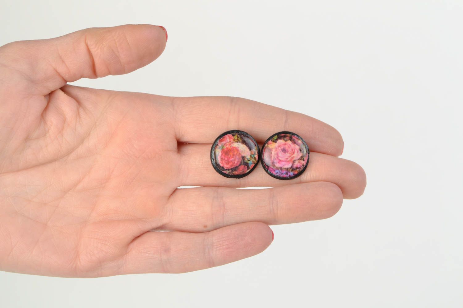 Handmade polymer clay round stud earrings with epoxy covering and decoupage roses photo 2