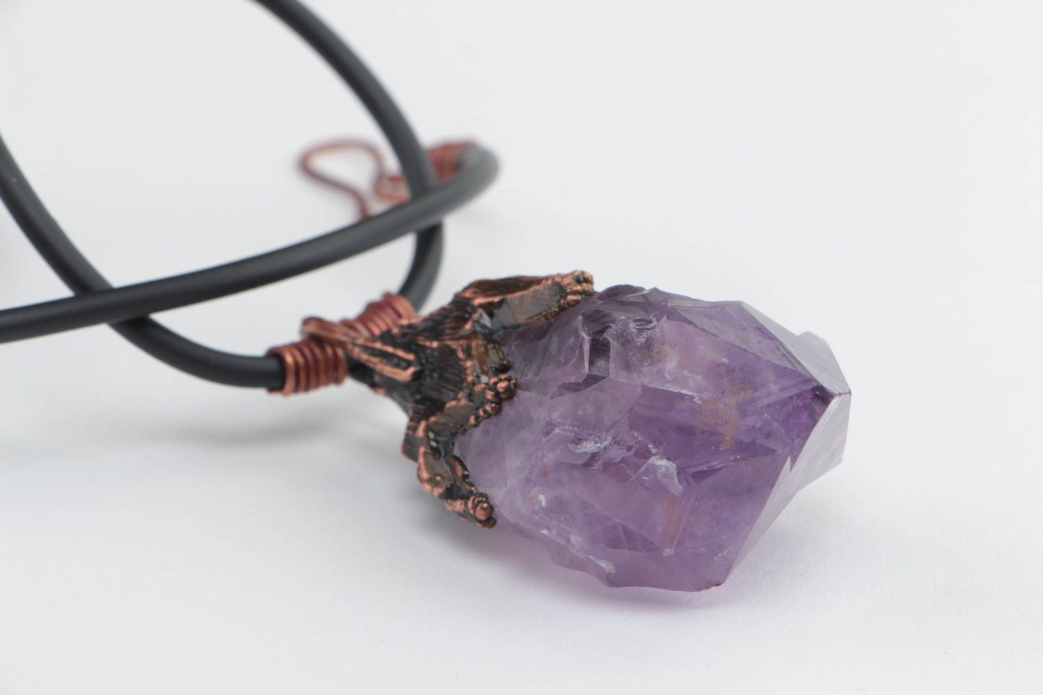 Stylish handmade designer copper neck pendant with amethyst on rubber cord photo 3
