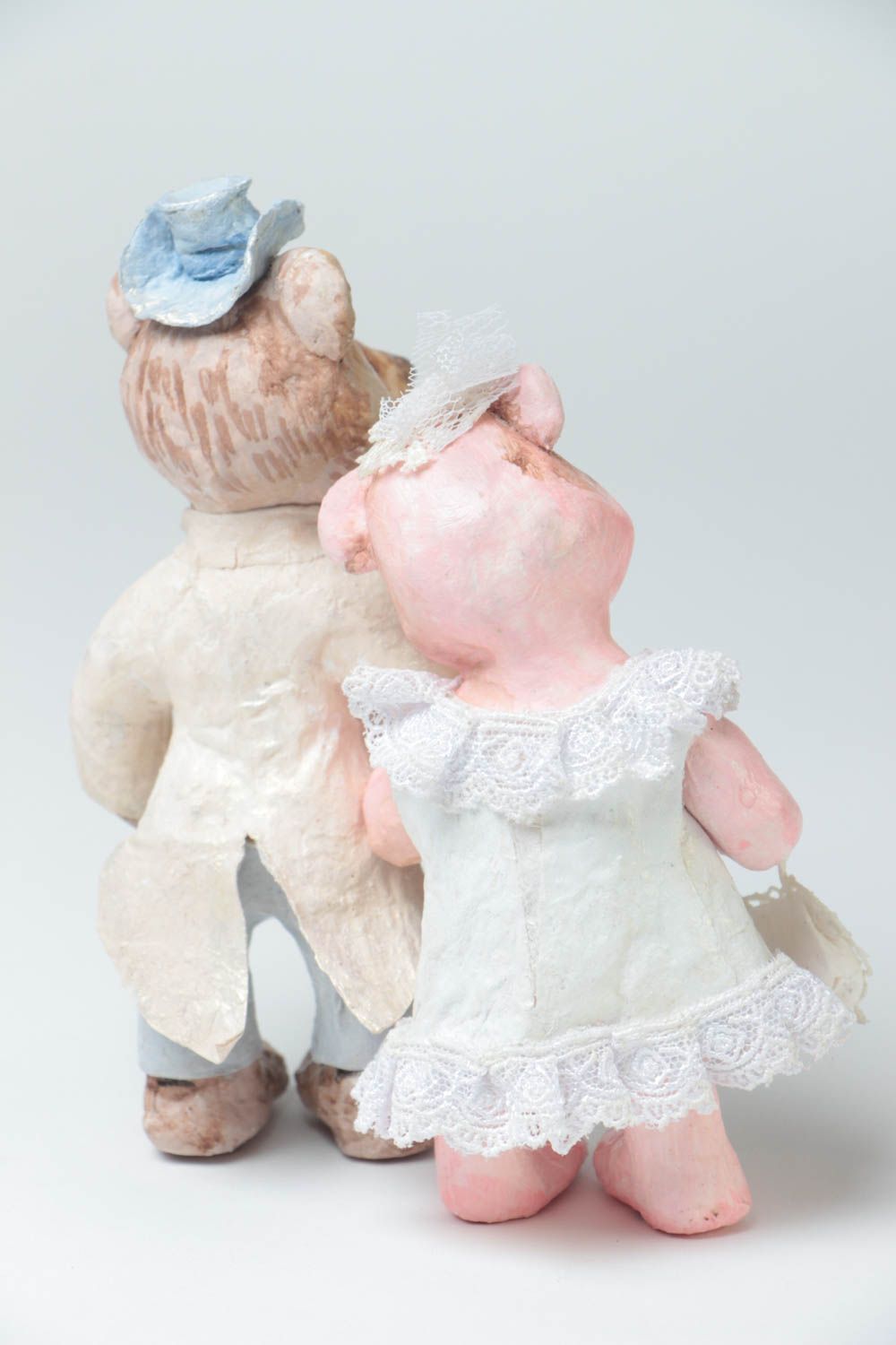 Handmade designer paper mache painted figurines of bear bride and groom photo 4