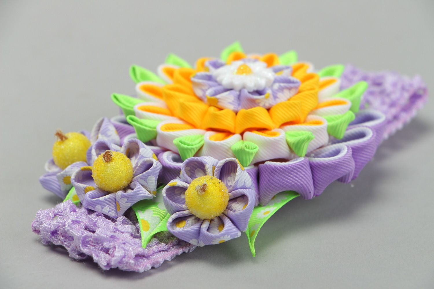 Stylish colorful handmade headband with kanzashi flower made of rep ribbons  photo 2