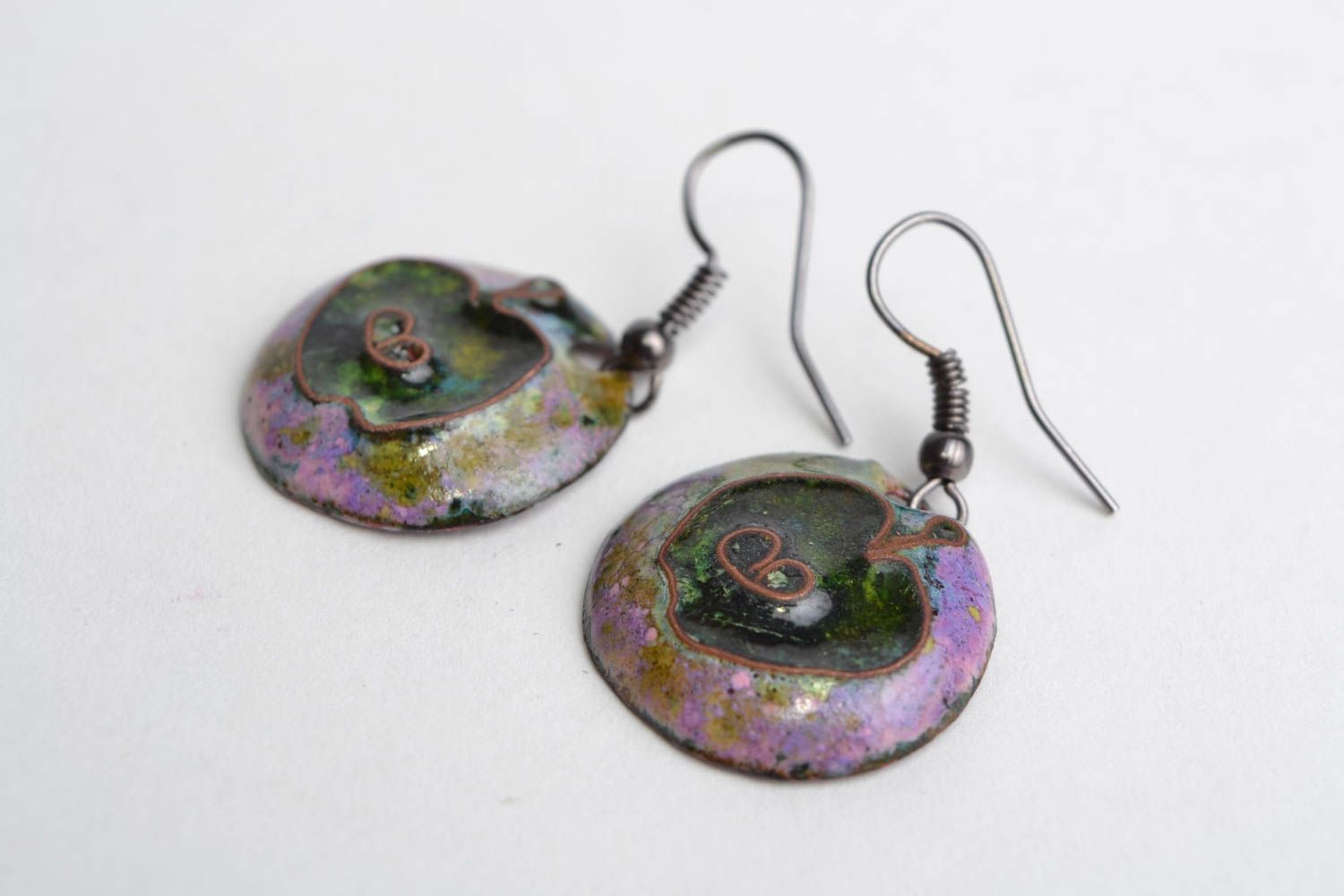 Handmade round violet enameled copper dangling earrings with apples images photo 3
