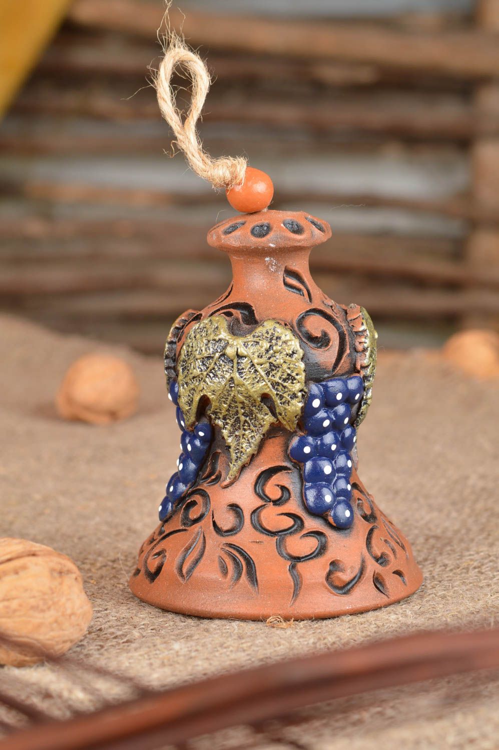 Designer unique handmade small ceramic bell made of red clay Harvest photo 1