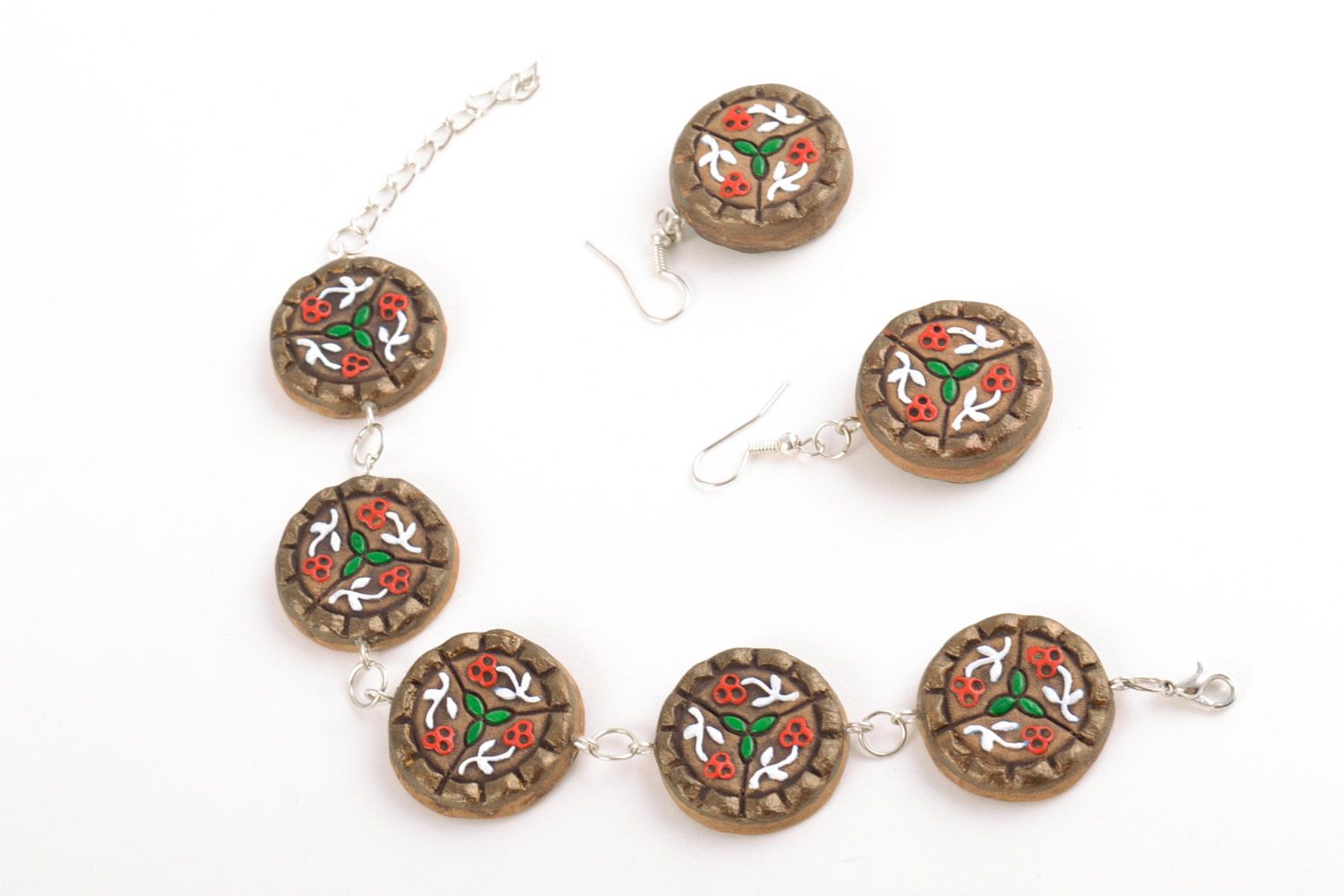 Set of handmade ceramic ethnic jewelry 2 items earrings and wrist bracelet photo 3