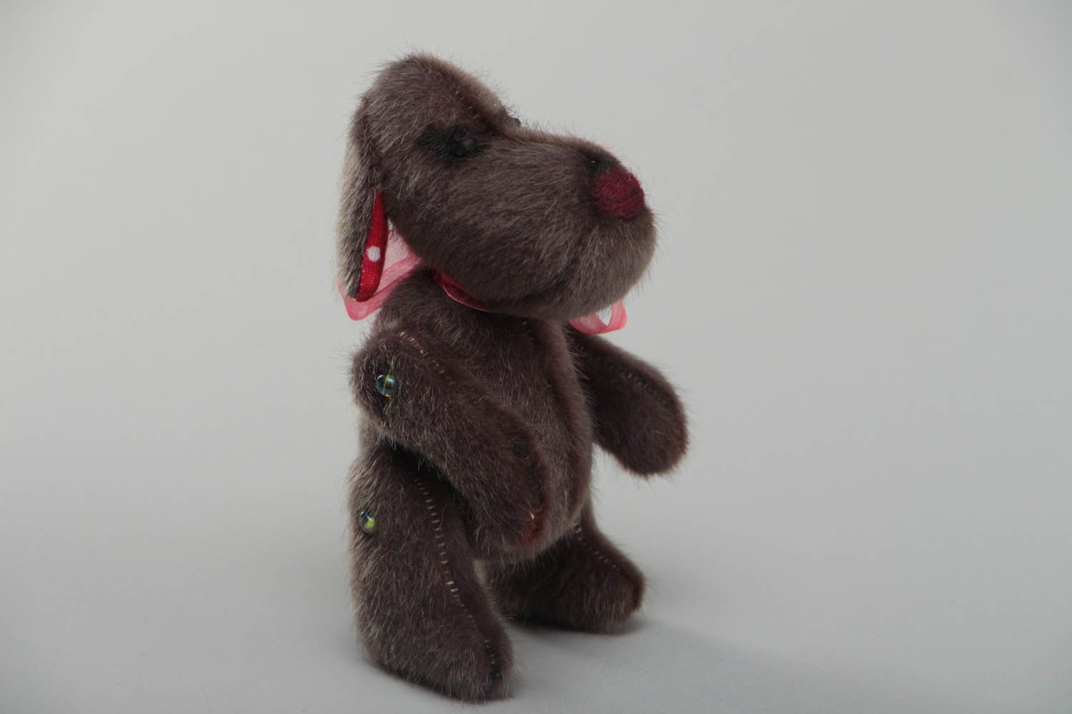 Handmade gray beautiful little soft toy dog made of artificial fur present for baby photo 2