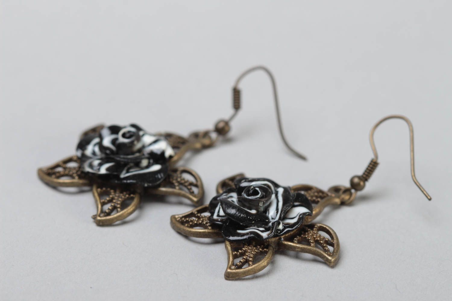 Handmade designer dangling earrings of bronze color with polymer clay flowers photo 3