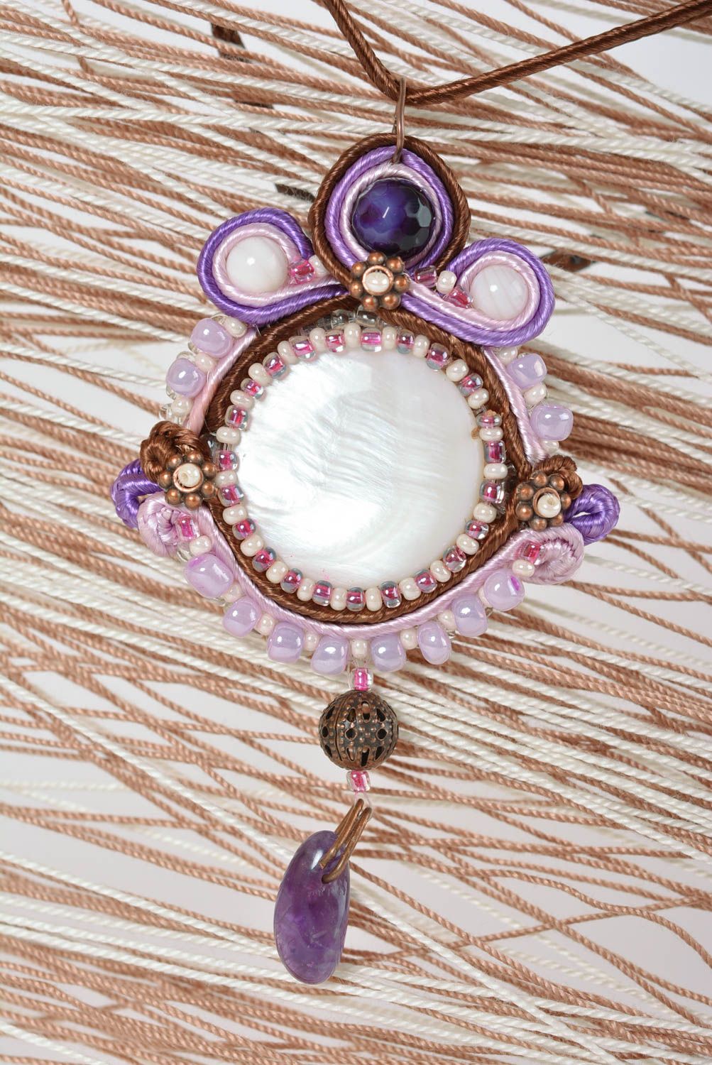 Handmade pendant soutache necklace evening accessories with natural stones photo 2