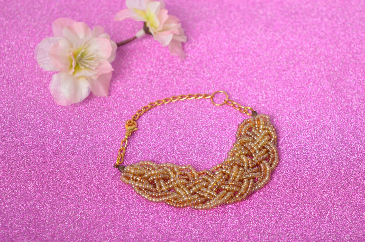 Caramel, vanilla color handmade beaded adjustable bracelet for women photo 1