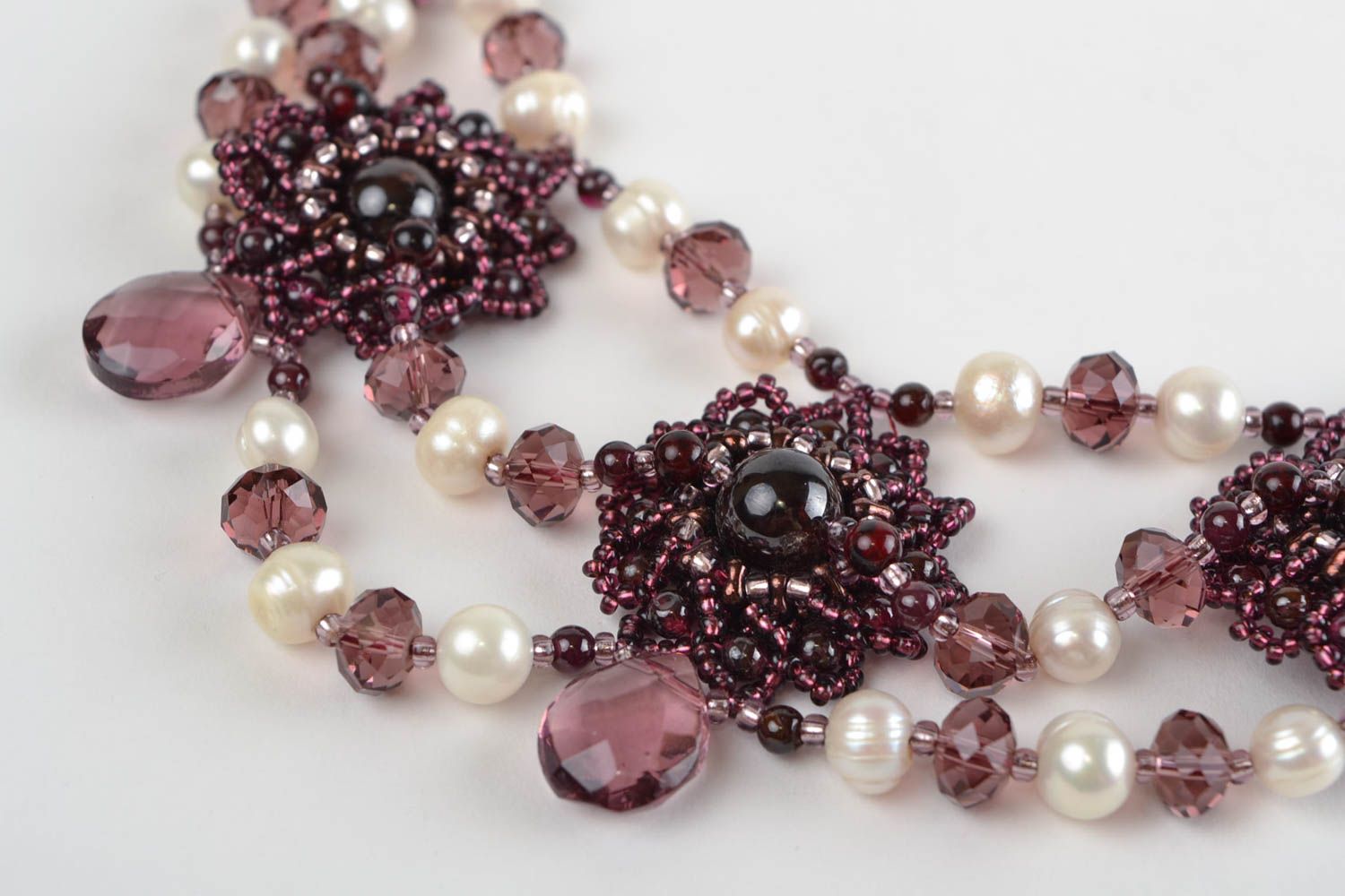 Handmade dark woven volume beaded women's designer necklace with natural stones photo 4