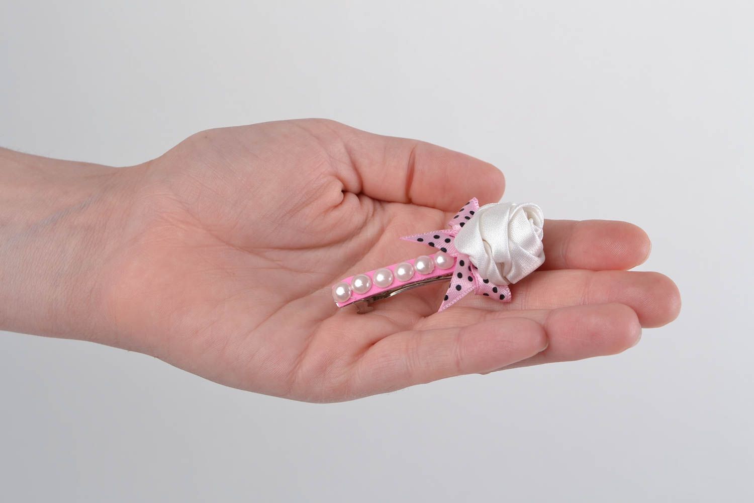 Hairpin made of rep ribbon handmade barrette with white rose present for girl photo 2