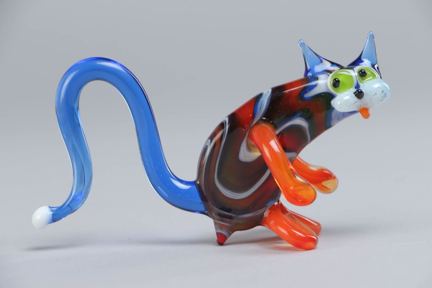 Figurine chat en verre au chalumeau faite main originale bleu-orange design photo 2