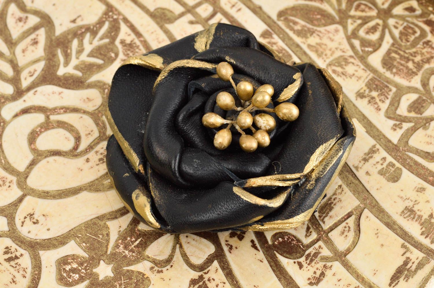 Handmade leather brooch unusual bijouterie beautiful black and gold brooch photo 1
