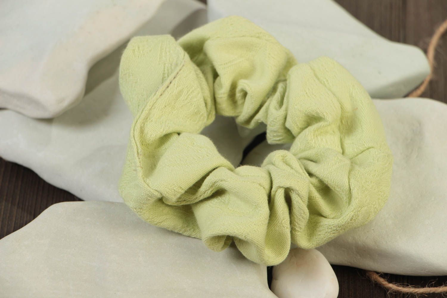 Unusual handmade beautiful cotton fabric hair tie of chartreuse color photo 1