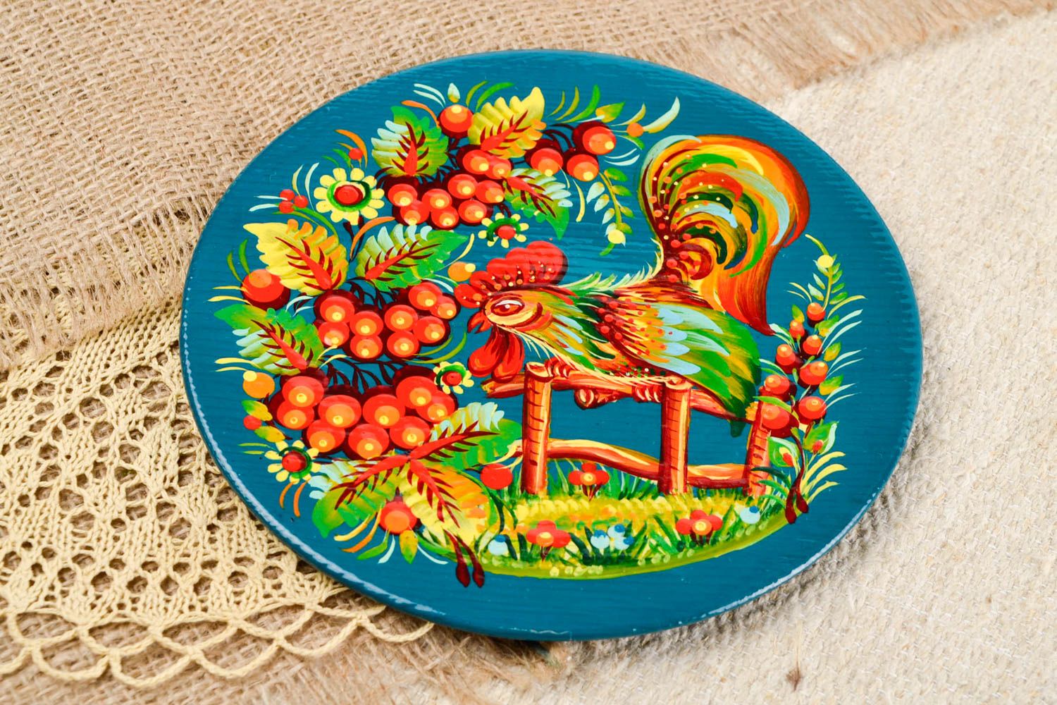 Assiette en bois faite main Décoration murale bleue avec coq Cadeau original photo 1