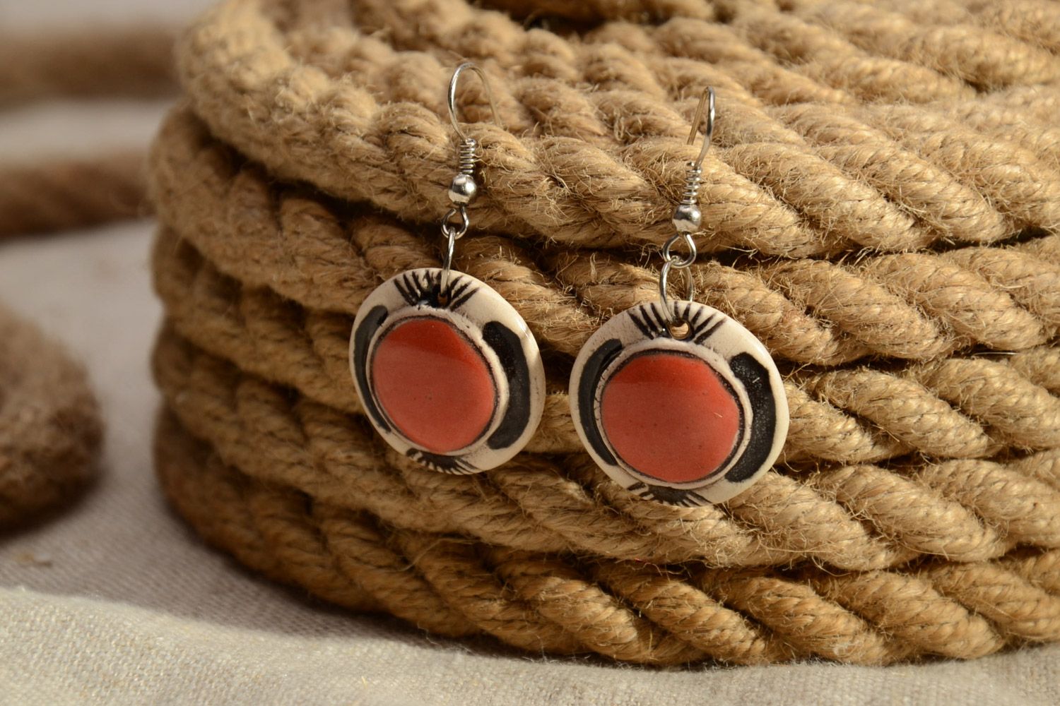 Beautiful handmade ceramic dangle round earrings painted with coral enamels photo 1