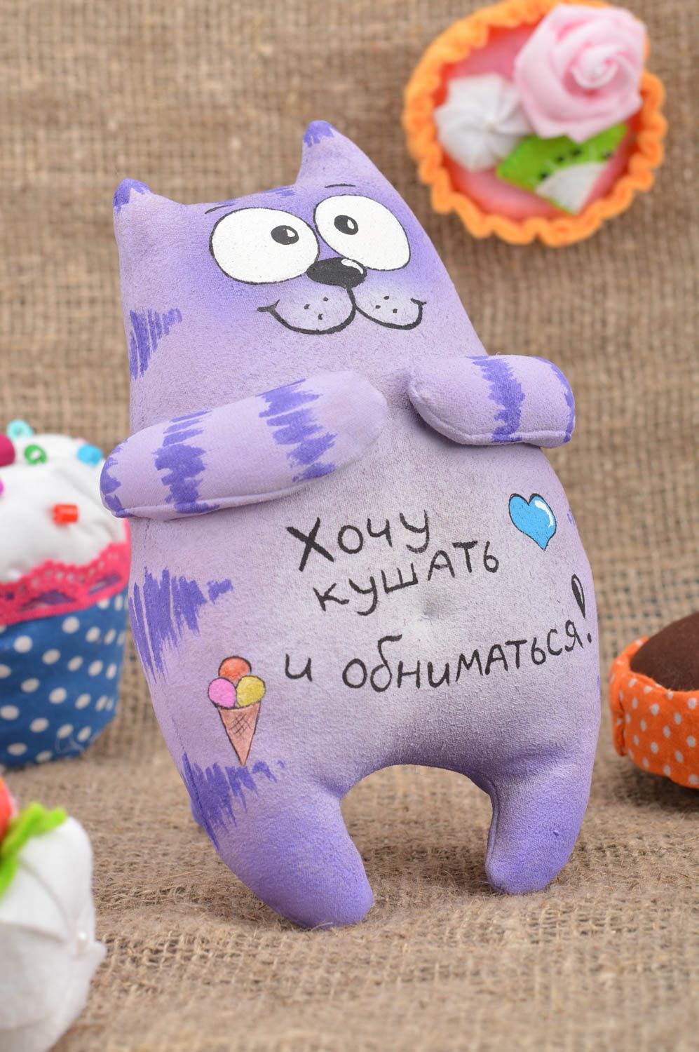 Homemade designer fabric soft toy violet kitten with lettering interior decor photo 1