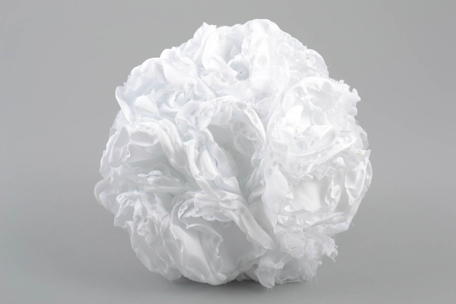 Designer beautiful white wedding bouquet made of satin ribbons and fabric photo 4