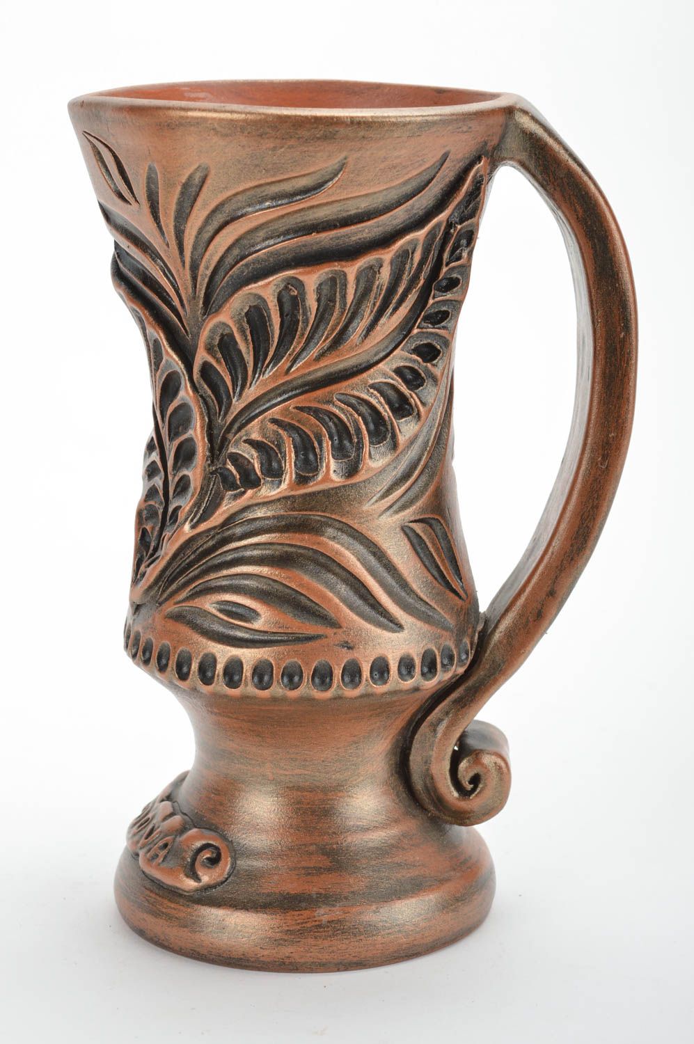 Beautiful homemade designer brown ceramic mug with patterns 300 ml clay glass photo 2