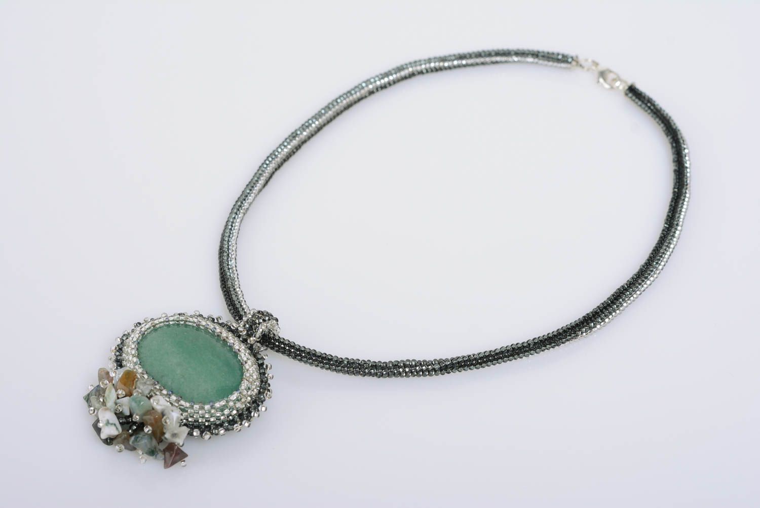 Handmade designer elegant beaded pendant necklace with natural onyx stone  photo 1