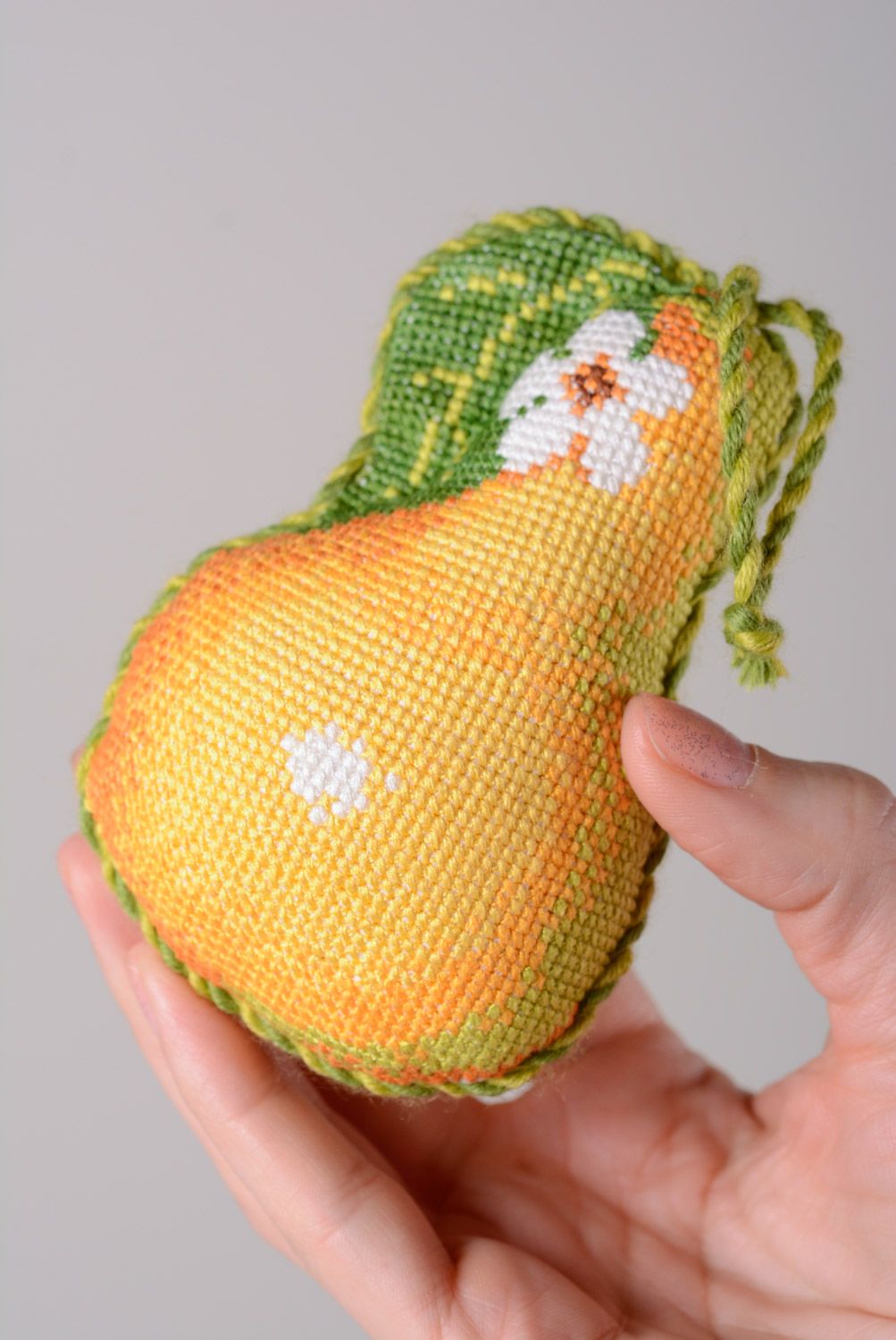 Handmade soft pincushion in the shape of pear with cross stitch embroidery photo 4