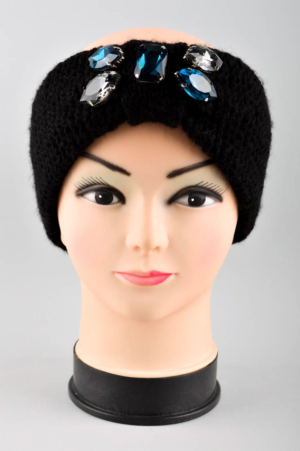 Handmade stylish turban unusual black headband knitted winter accessory photo 2