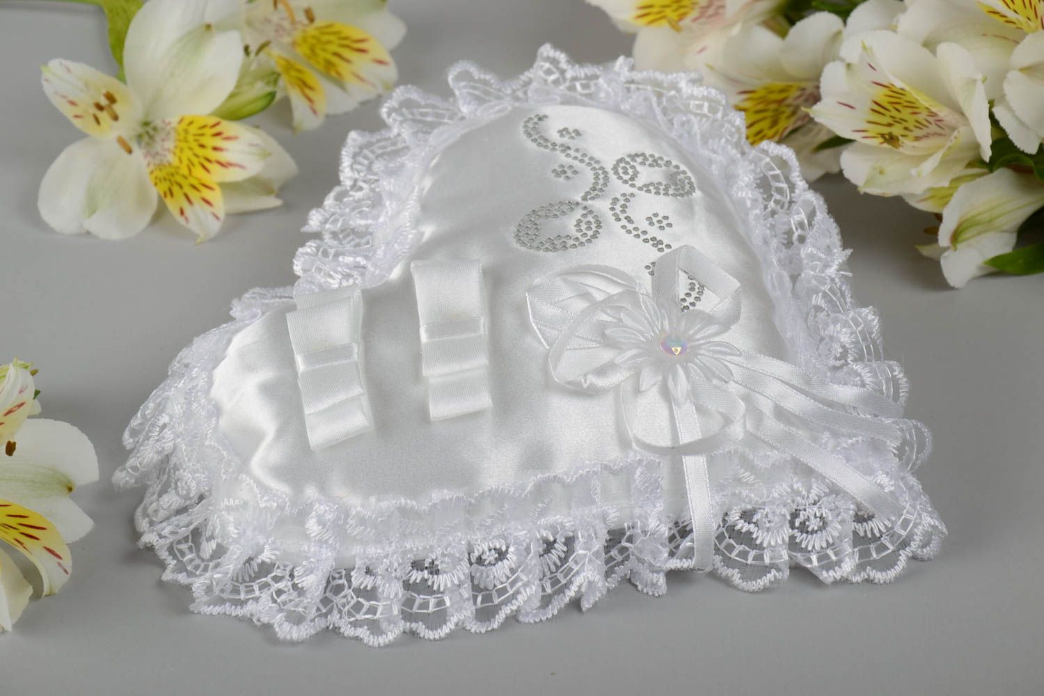 Beautiful white handmade designer satin fabric ring bearer pillow Heart photo 1