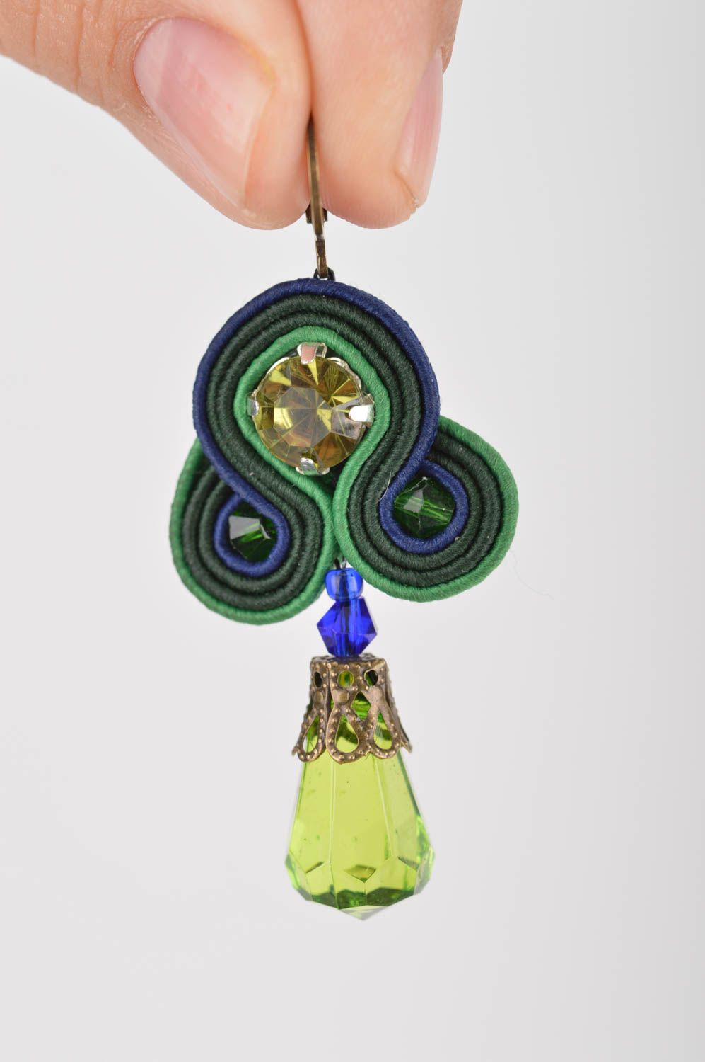 Beautiful handmade designer large soutache earrings of green color with beads photo 3
