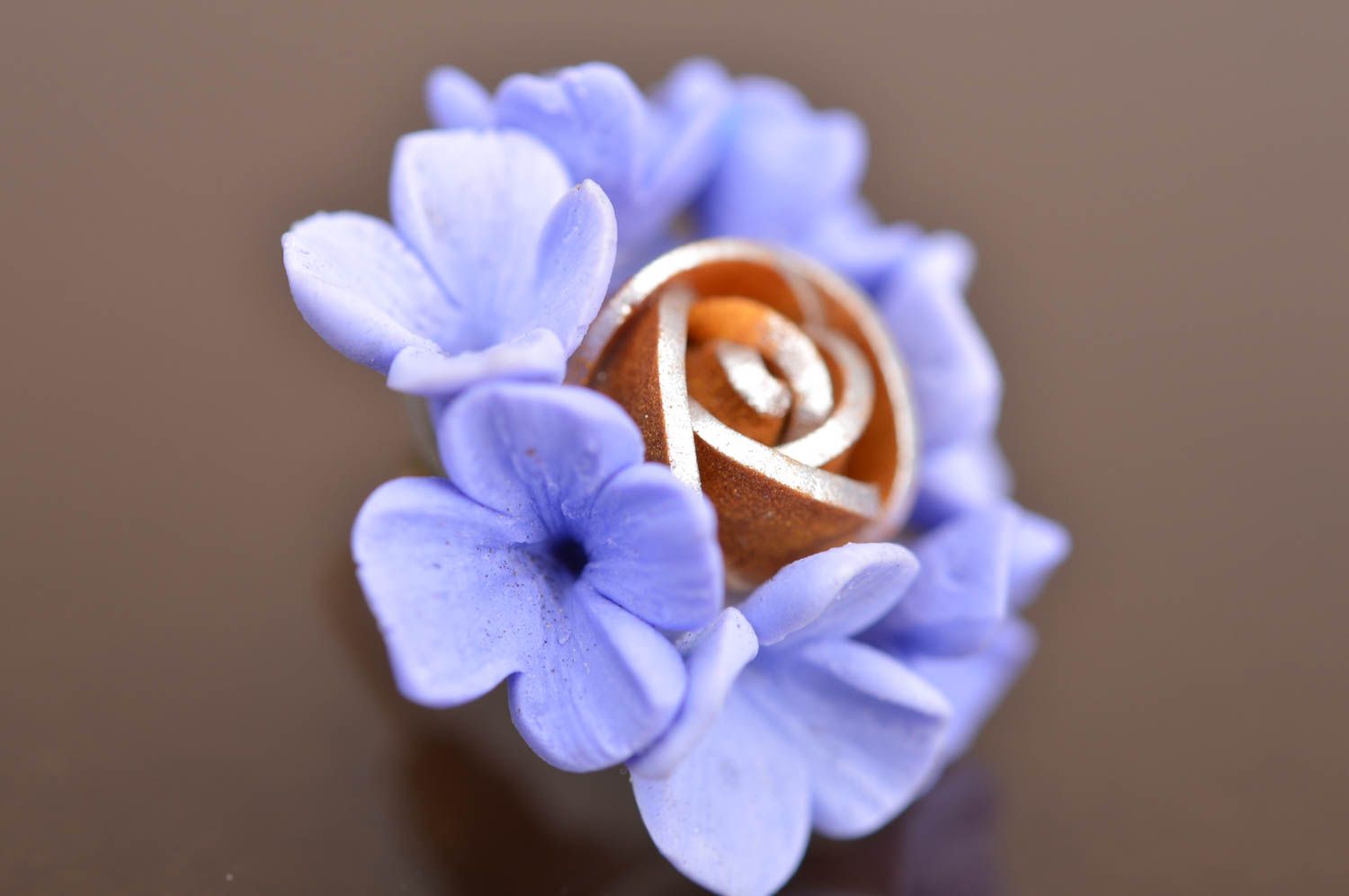 Blue beautiful handmade stud earrings made of polymer clay in shape of flowers photo 5