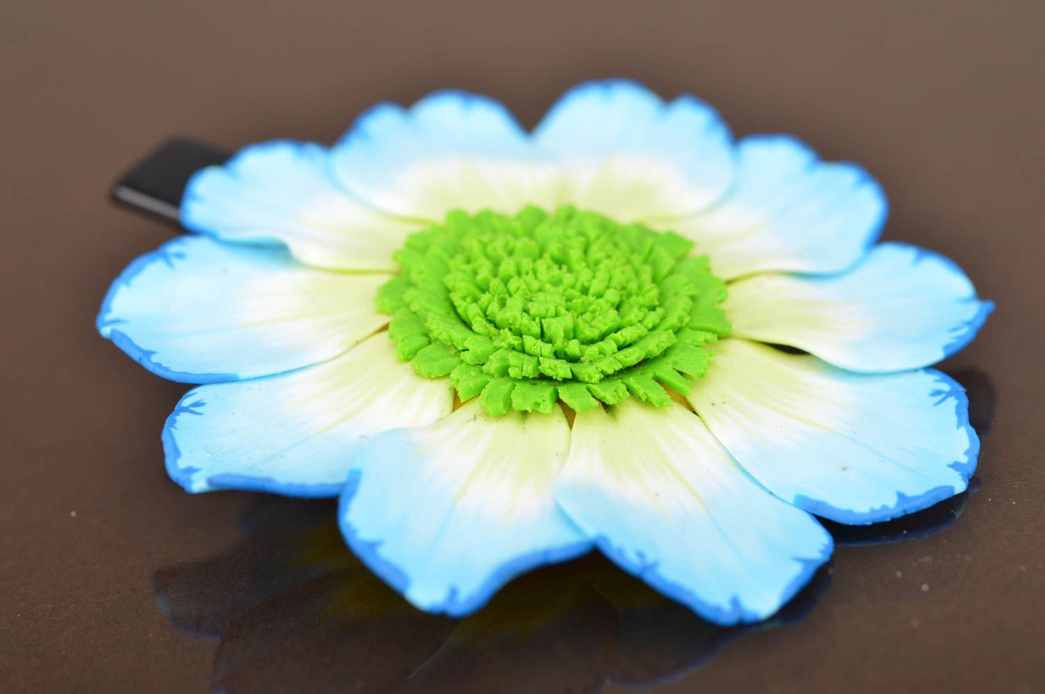 Handmade designer metal hair clip with small polymer clay blue and green flower photo 5