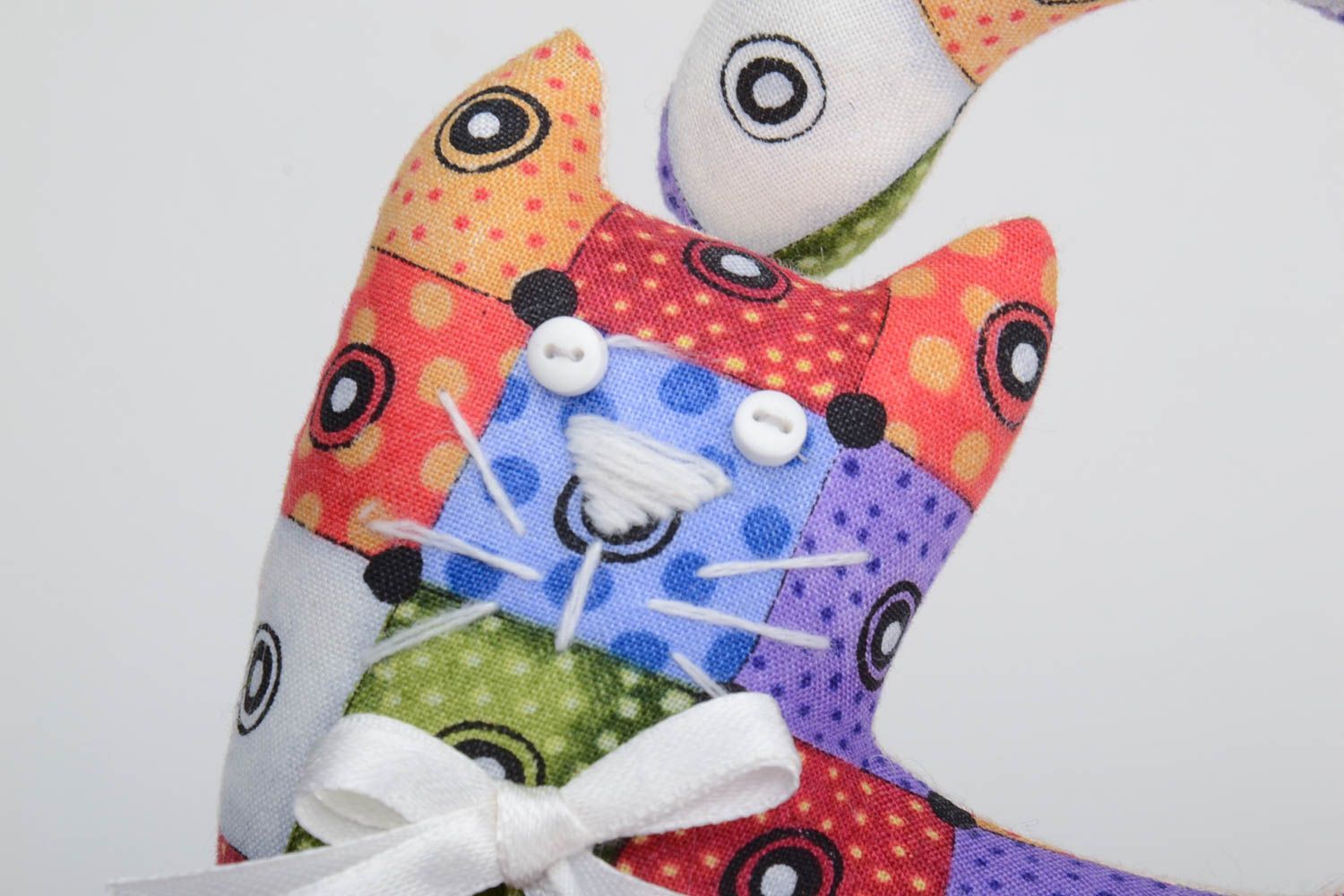 Handmade designer door hanging bright cotton fabric soft toy cat with white bow photo 3
