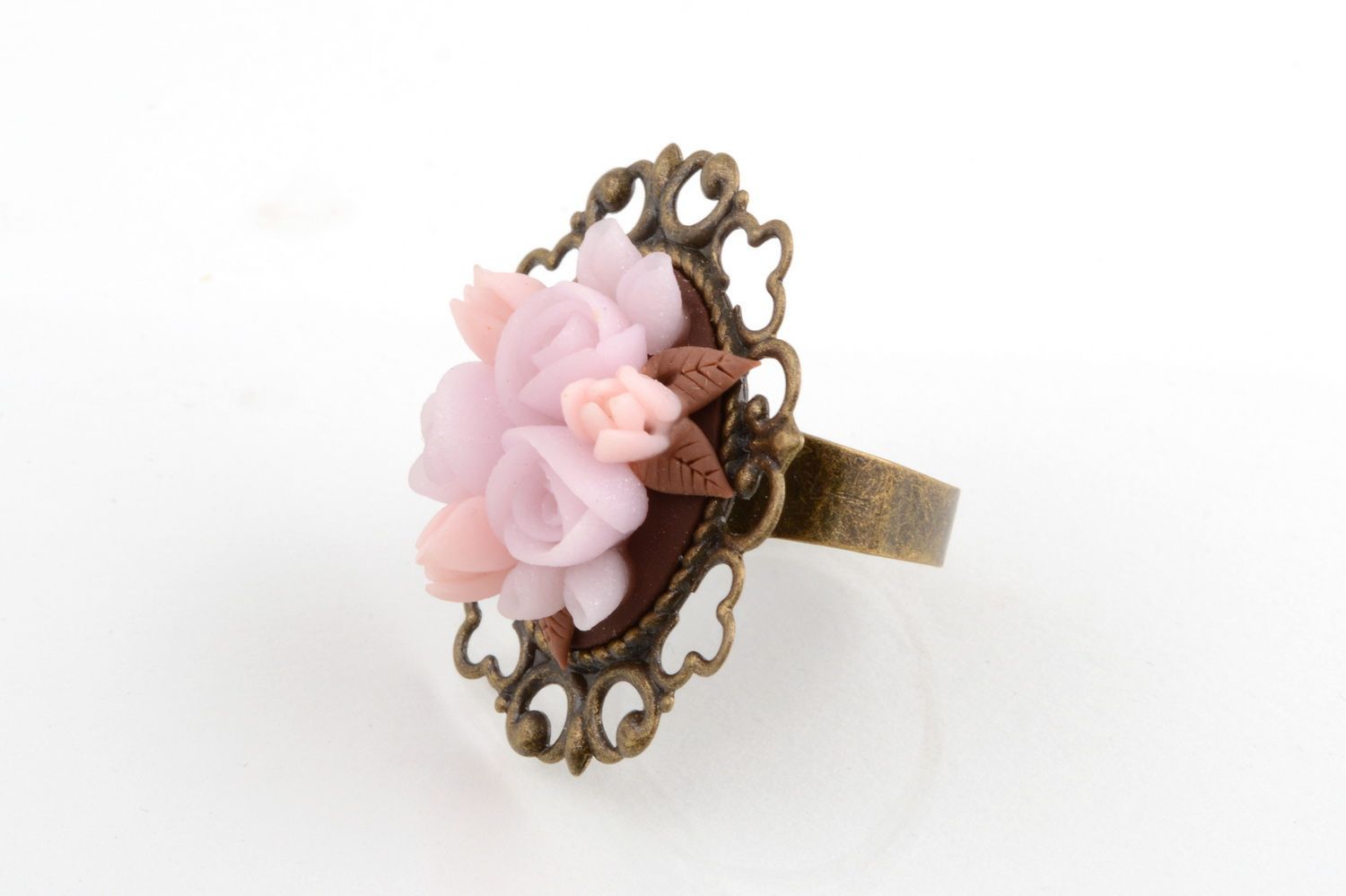 Handmade jewelry ring with figured metal basis and pink polymer clay flowers photo 3