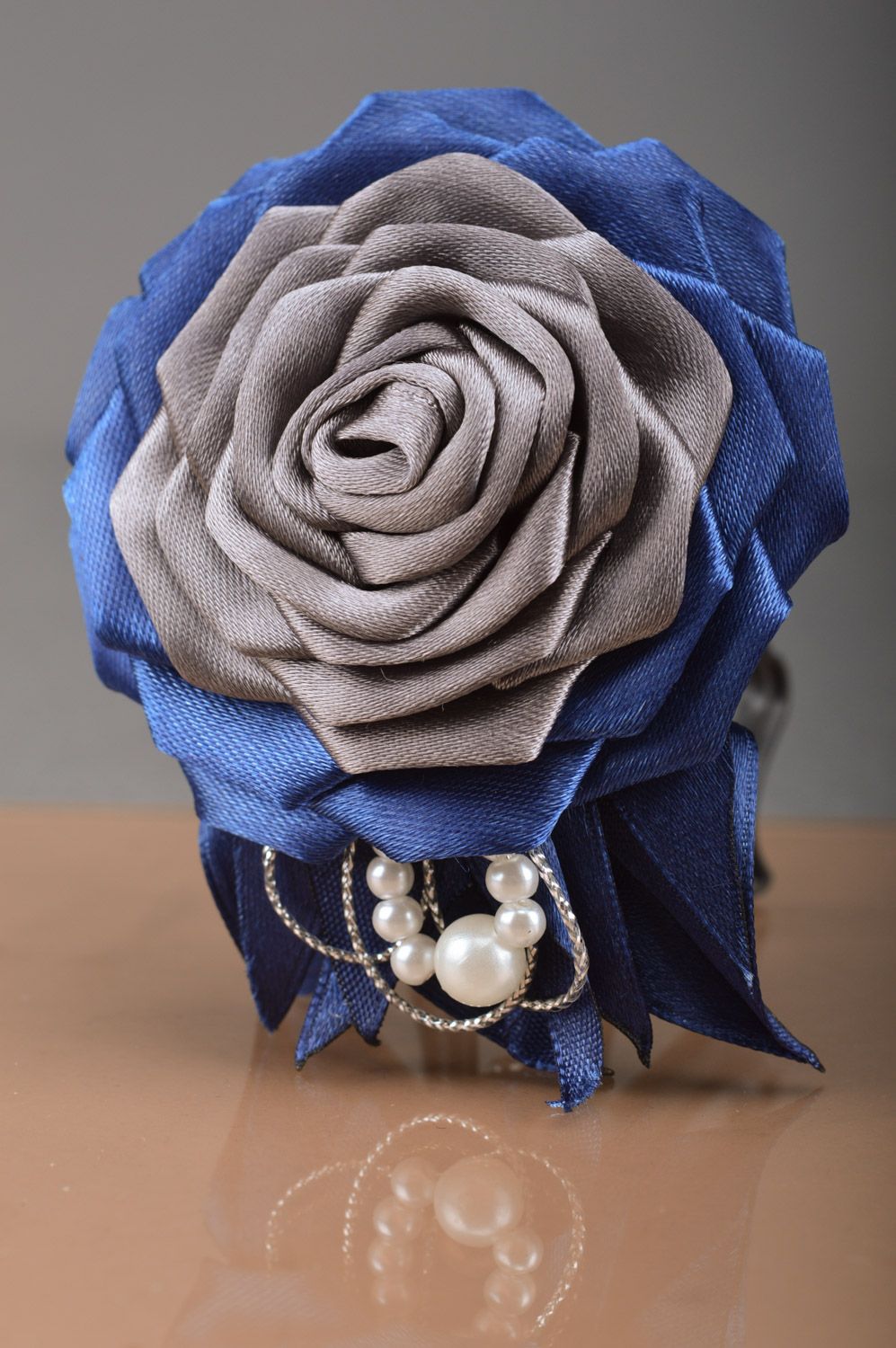 Handmade designer fabric brooch in the shape of blue and gray rose with beads photo 5