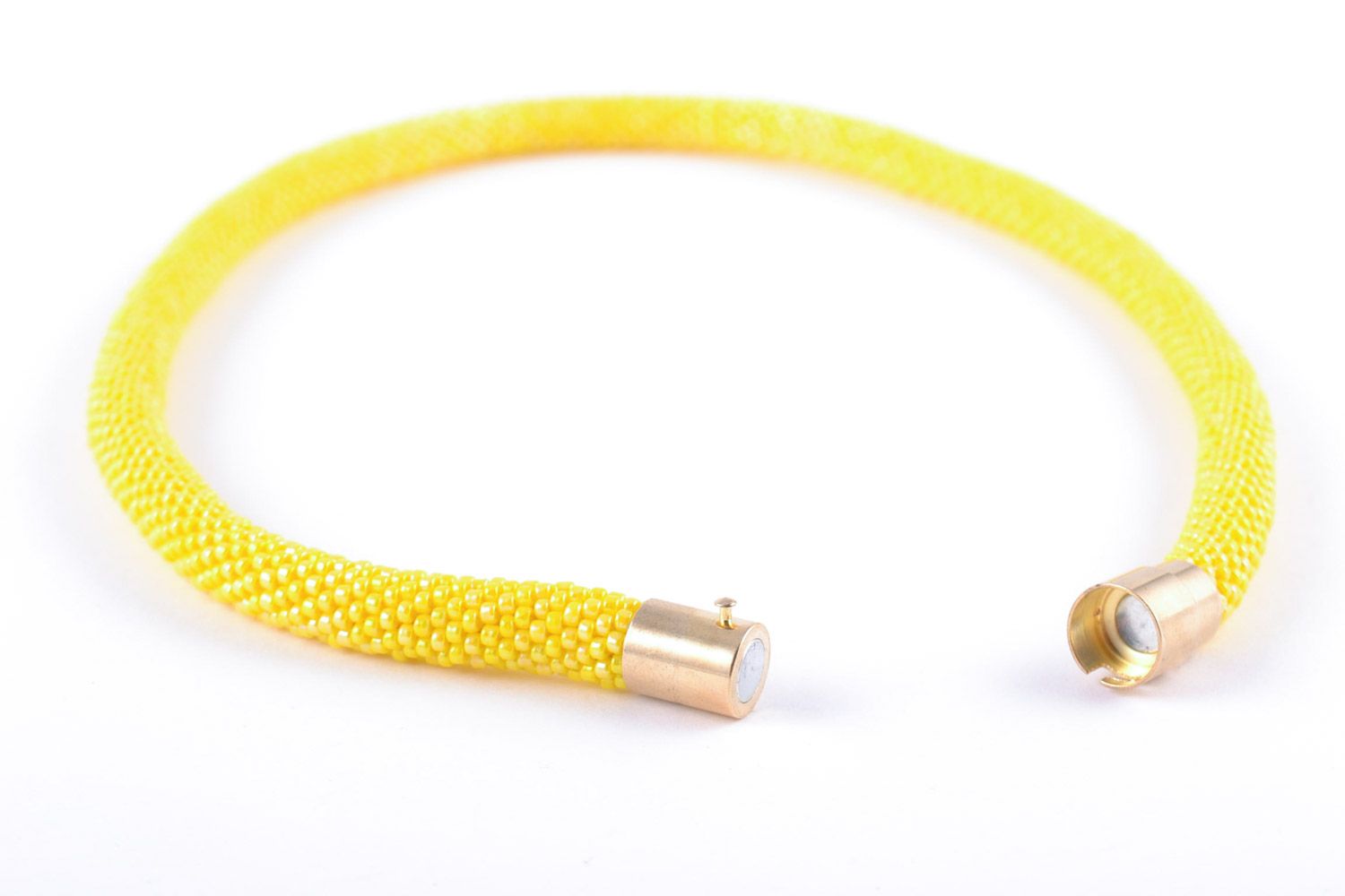 Bright yellow handmade women's cord necklace woven of Japanese beads  photo 5