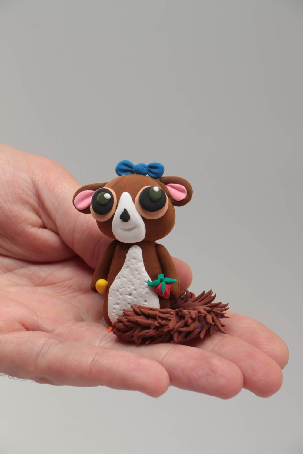 Handmade bright collectible small polymer clay animal figurine of lemur with bow photo 5