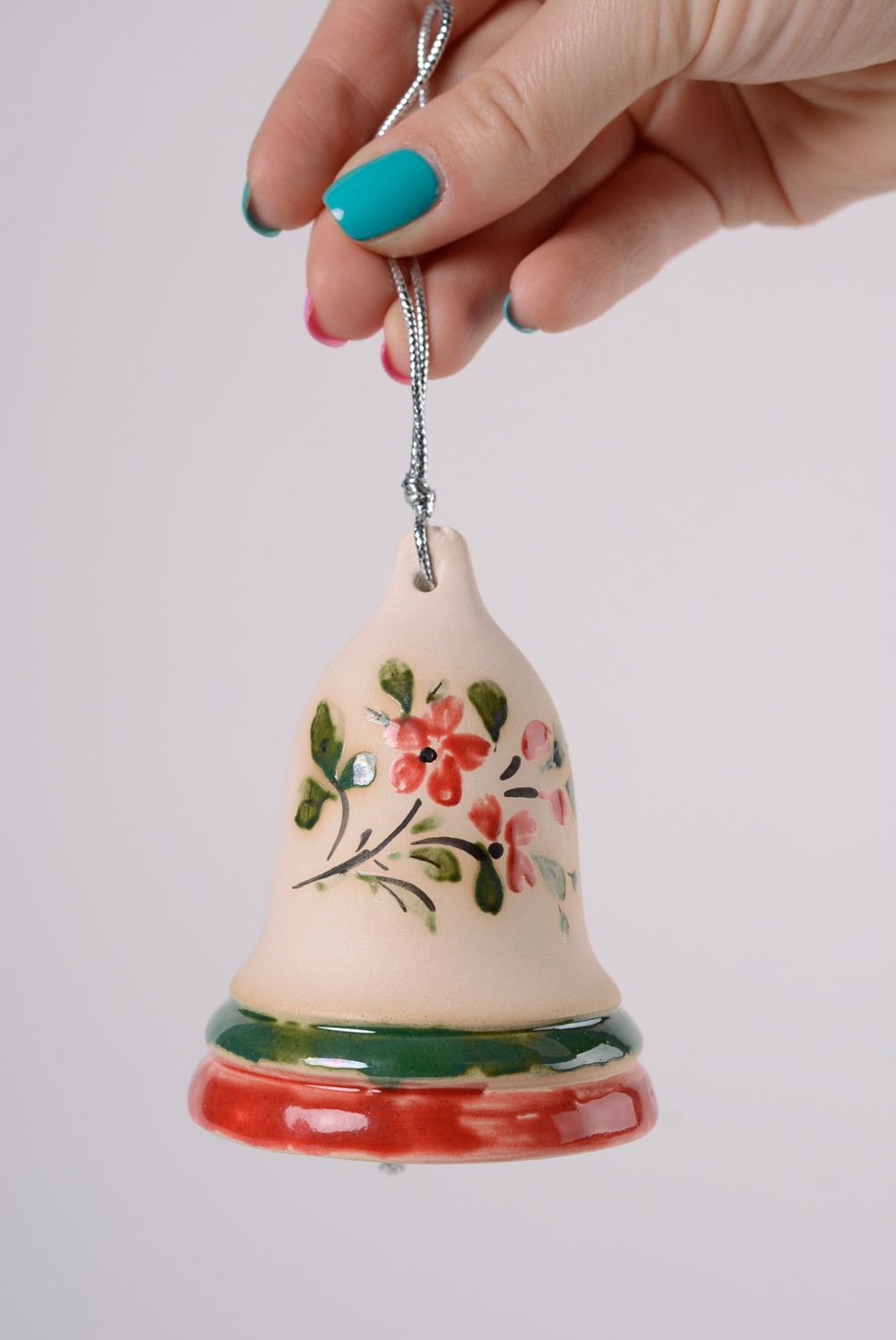 Handmade decorative maiolica ceramic hanging bell with floral glaze painting photo 2