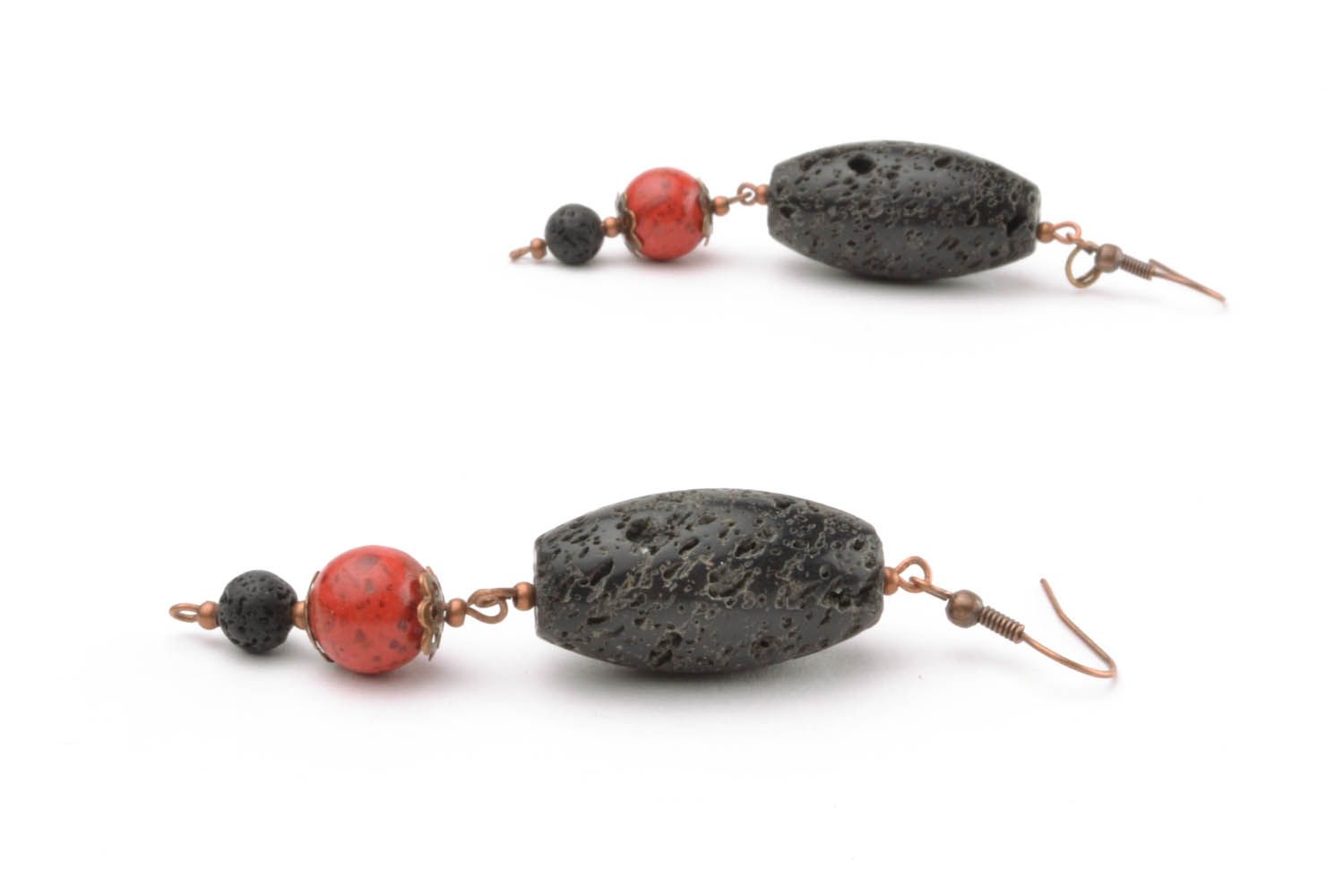 Pendant earrings with schungite and coral stones photo 3