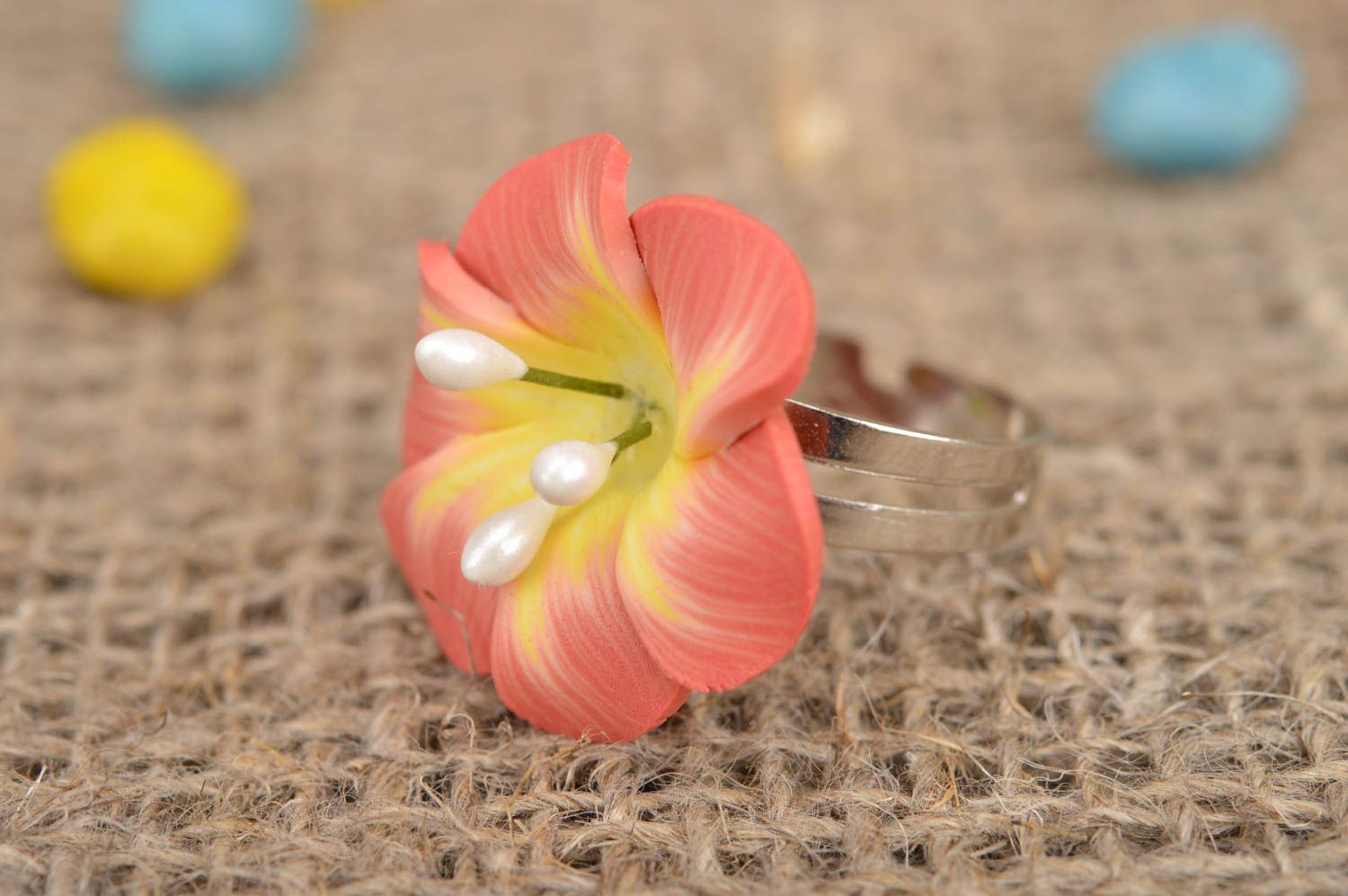 Beautiful large handmade plastic flower ring of gentle peach color photo 1