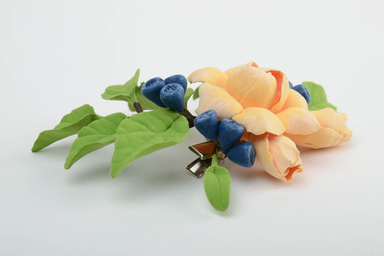 Handmade polymer clay brooch with volume flowers and berries of tender colors  photo 4