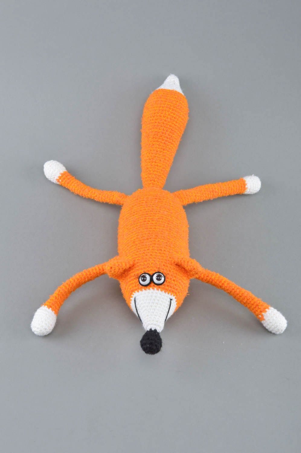 Handmade designer crocheted soft toy bright orange funny fox for children photo 3