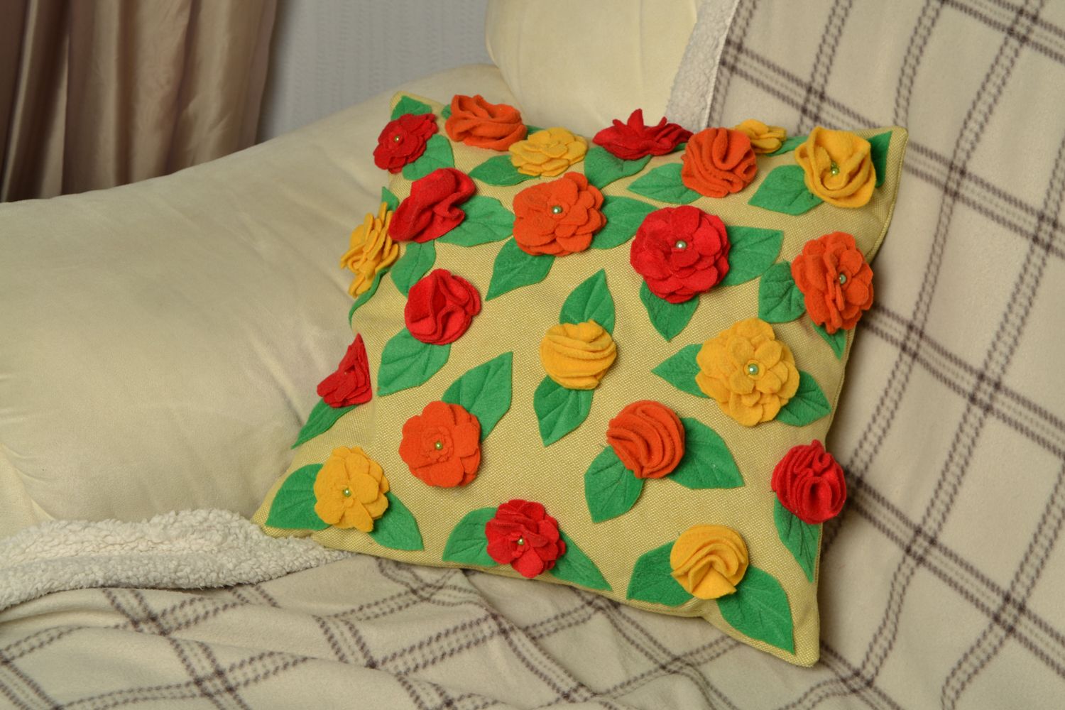 Beautiful handmade cushion with flowers photo 1