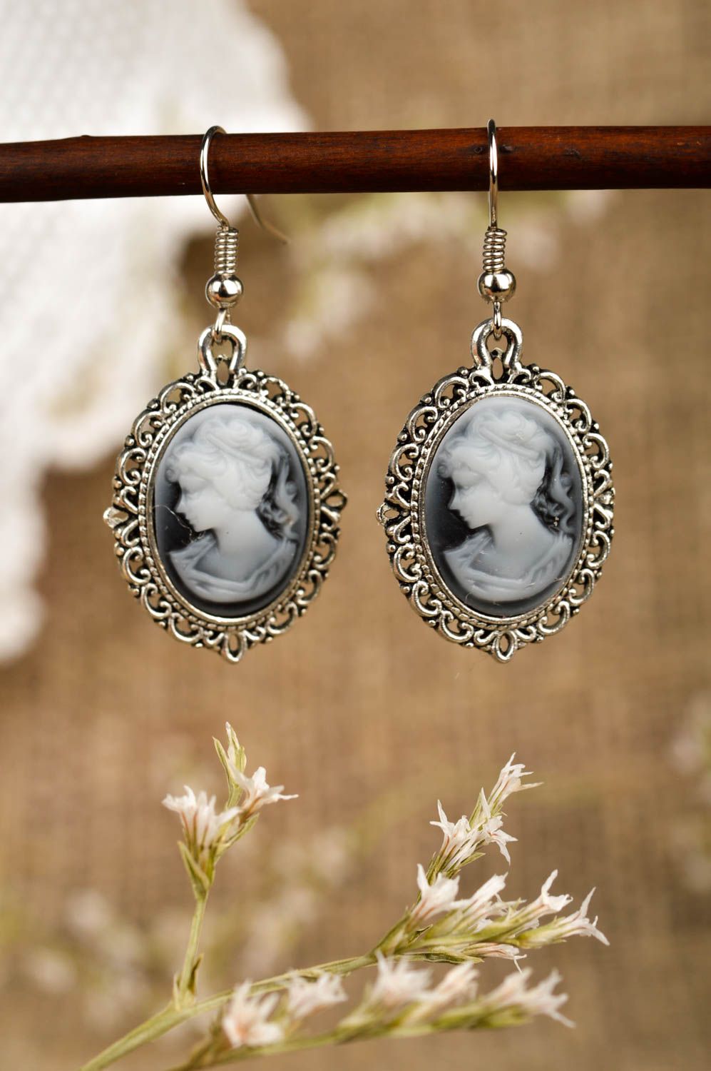 Handmade long earrings accessory for women earrings with cameo handmade present photo 1