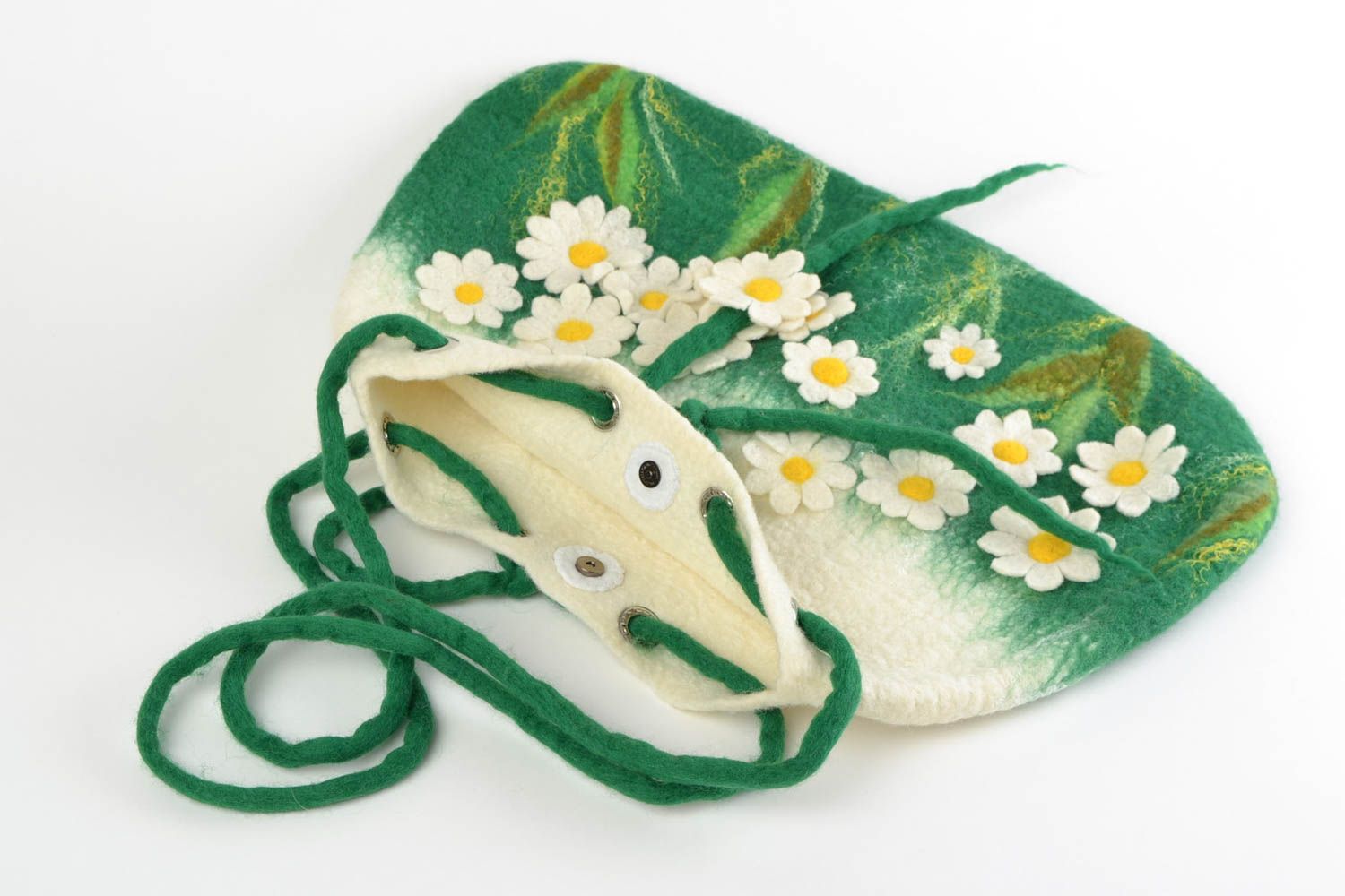 Sac à main en laine feutrée blanc et vert fait main avec fleurs anses longues photo 4