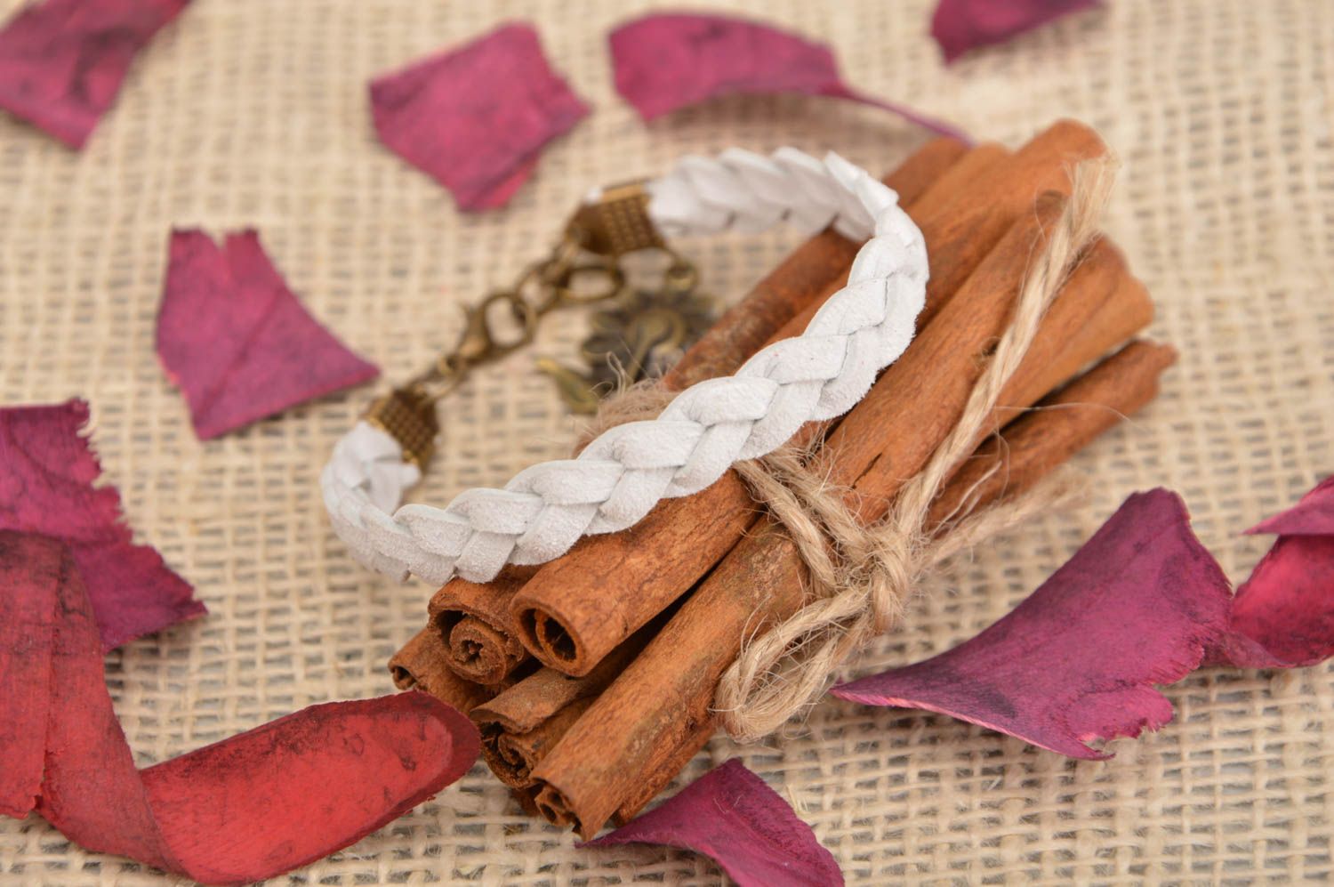 Handmade white genuine leather woven wrist bracelet of laconic design for women photo 1