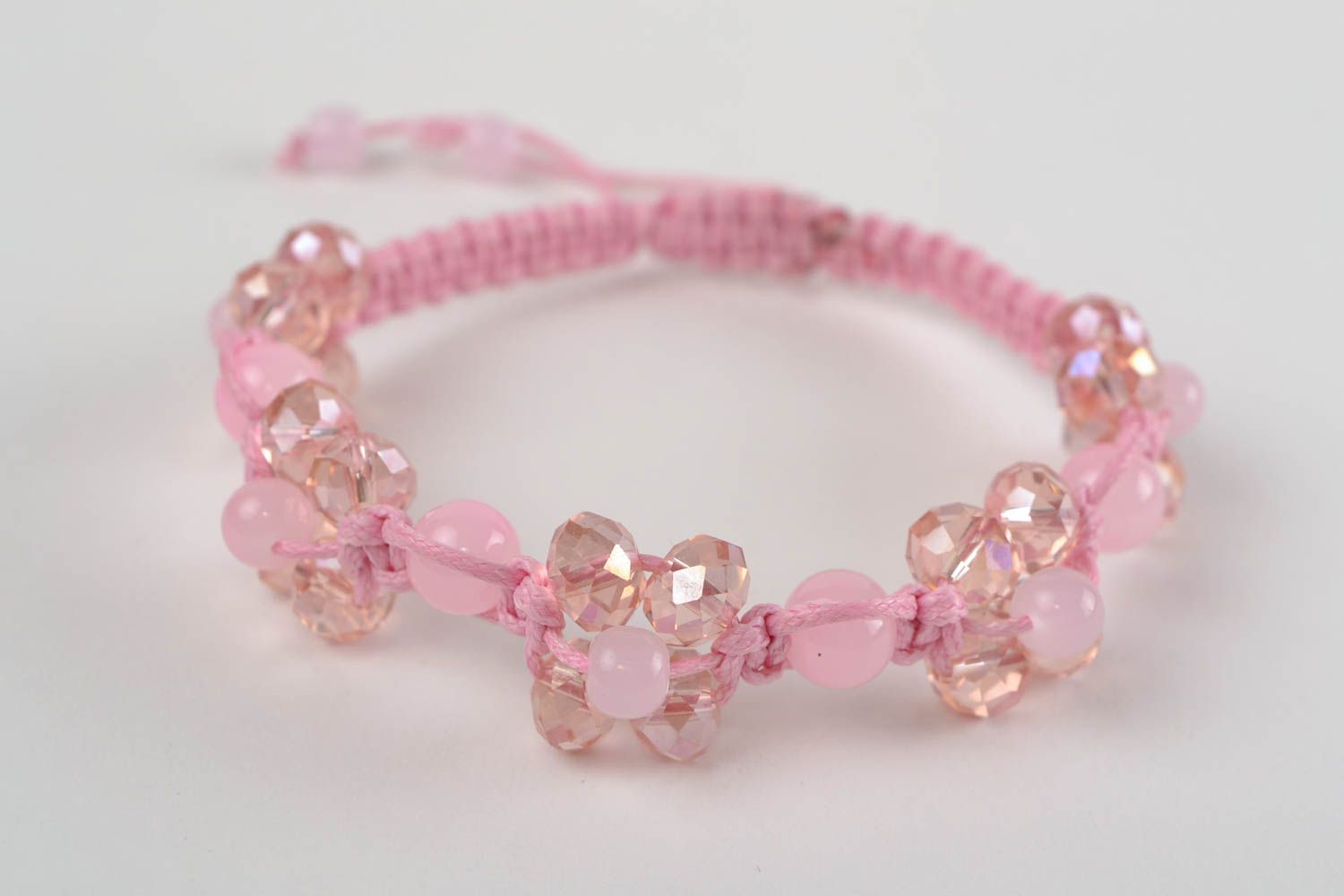 Pink handmade bracelet made of Czech glass and lace using macrame technique photo 4