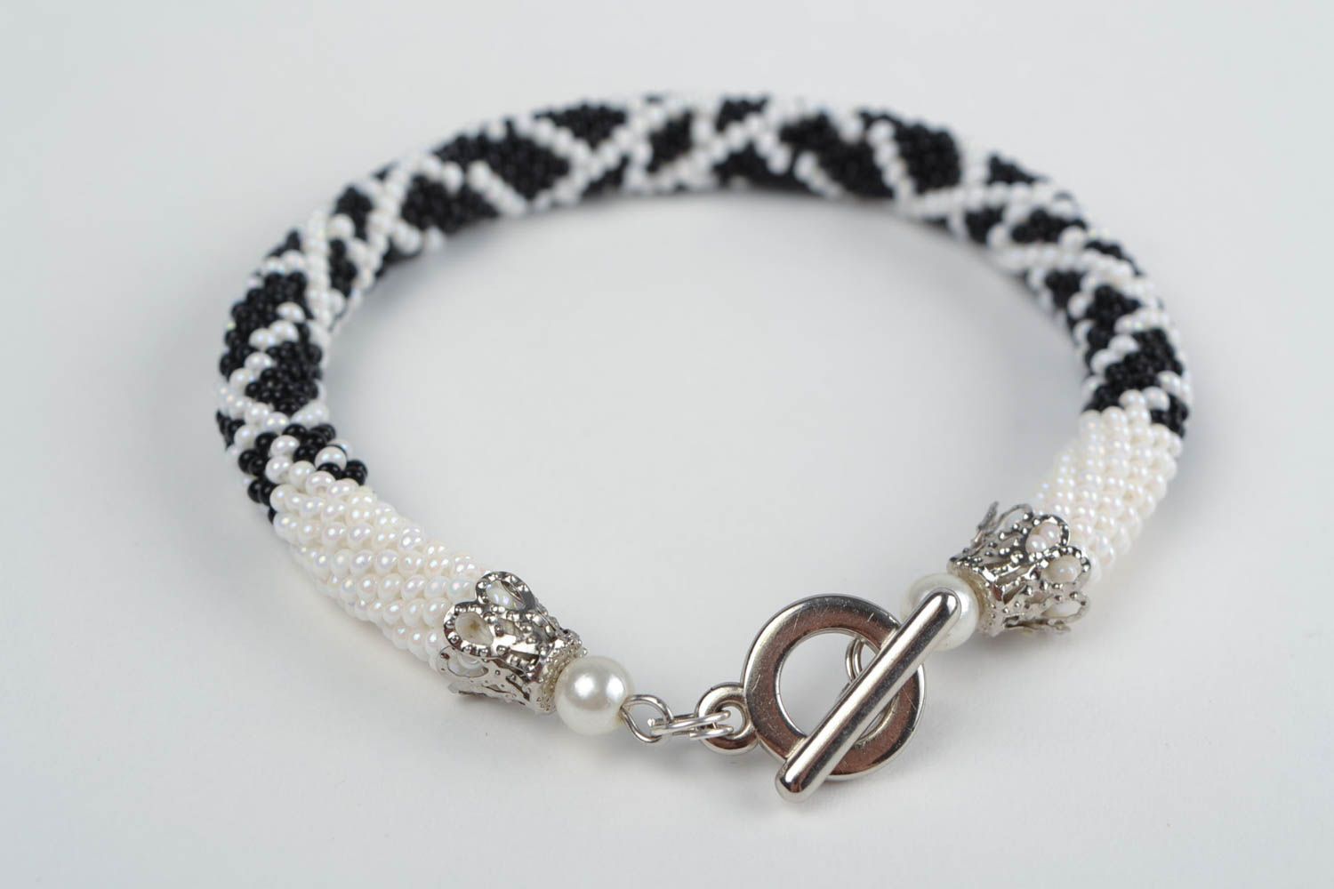 Women's handmade designer woven beaded cord bracelet black and white photo 5