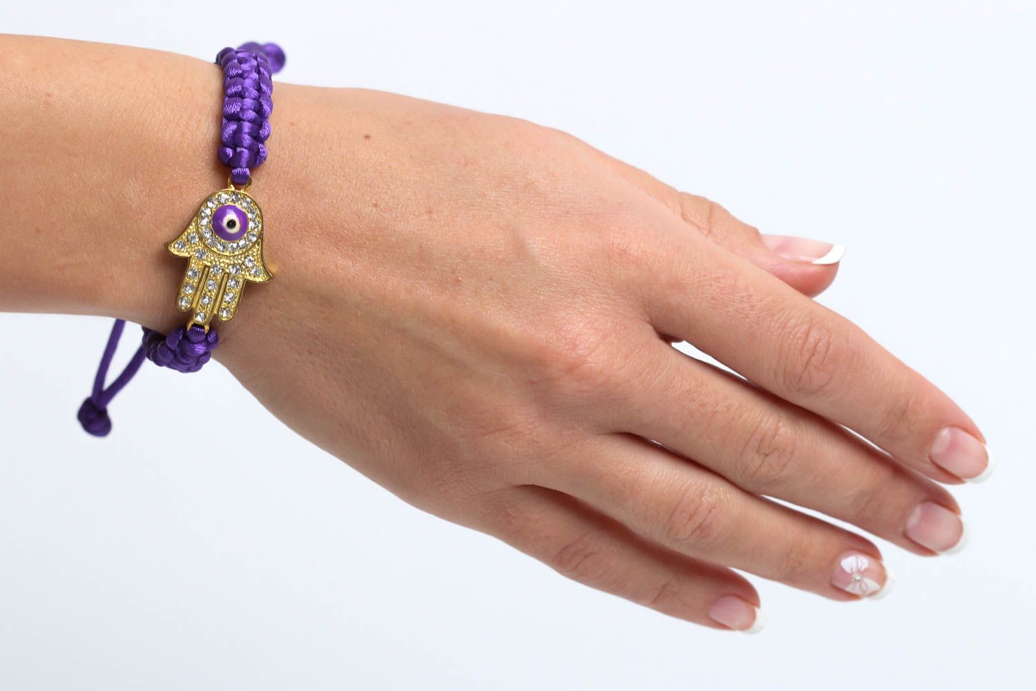 Браслет ручной работы фиолетовый женский браслет модная бижутерия с хамсой фото 5