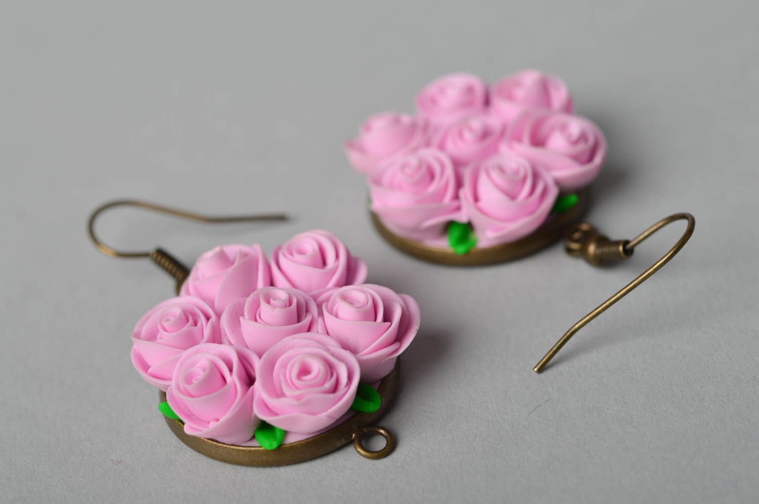 Handmade polymer clay earrings plastic earrings with roses flower jewelry photo 1