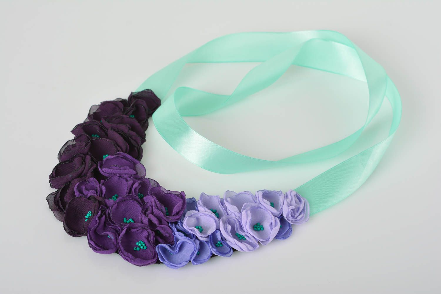 Handmade massive textile necklace flower elegant necklace violet jewelry photo 1