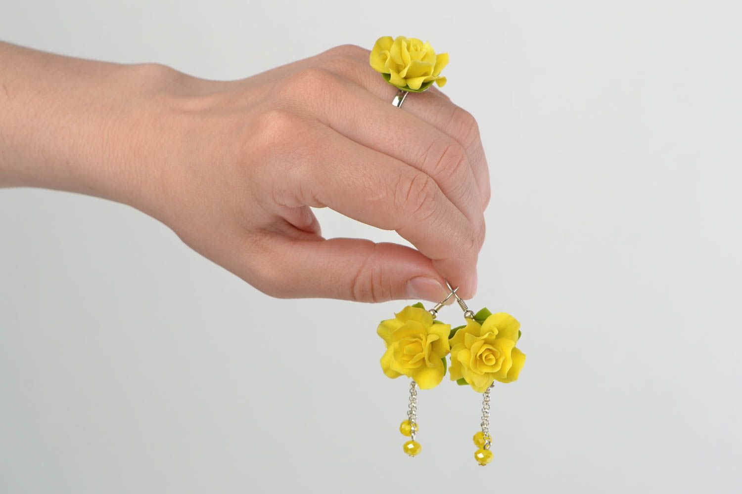 Set of handmade jewelry molded of cold porcelain earrings and ring Yellow Roses photo 1