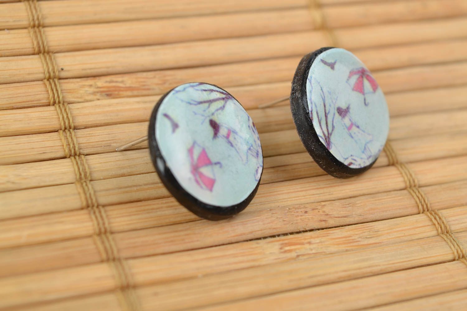 Stud earrings made of polymer clay and epoxy resin handmade decoupage accessory photo 3
