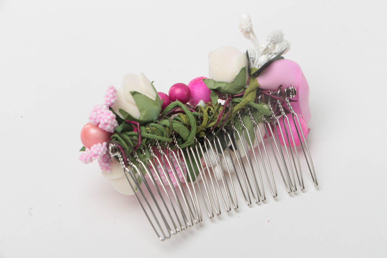 Joli peigne à cheveux floral rose original accessoire fait main pour femme photo 4